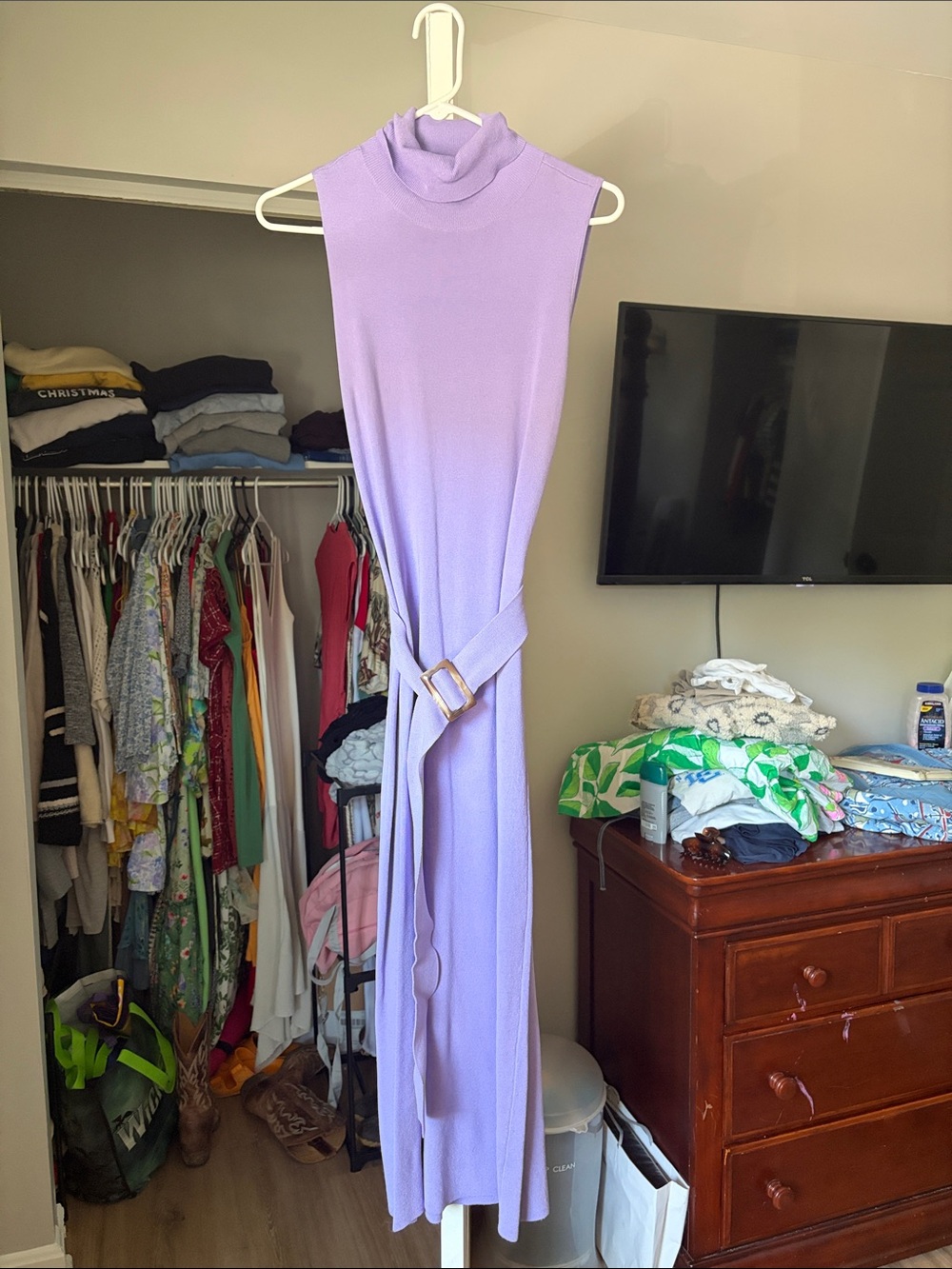 Ann Taylor Lavender Sleeveless Turtleneck Belted Maxi Dress